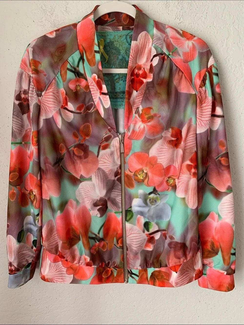 Artribbon Floral Zip-Front Women's Lightweight Blazer - Coral Mint Size 10